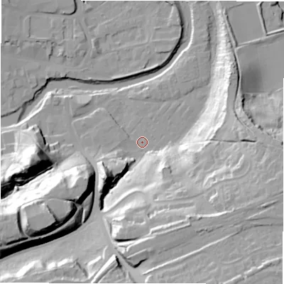 Shaded relief map of the ground around NE611UW, computed from Environment Agency LiDAR. The ground here sits at about 26 m above sea level and falls 39 m across the surrounding 800 m. Surface water reaching this point runs off ground lying to the south-south-east, 33.4 m higher.