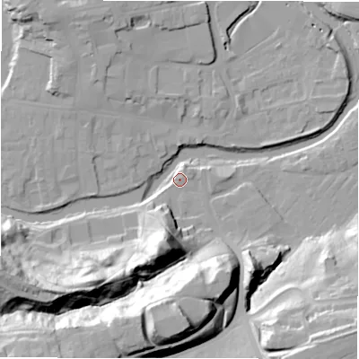 Shaded relief map of the ground around NE611XZ, computed from Environment Agency LiDAR. The ground here sits at about 27 m above sea level and falls 39 m across the surrounding 800 m. Surface water reaching this point runs off ground lying to the south-south-west, 26.2 m higher.
