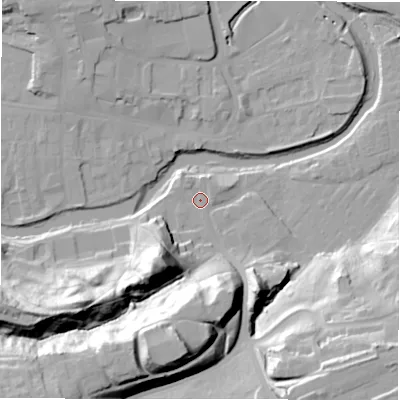 Shaded relief map of the ground around NE611YB, computed from Environment Agency LiDAR. The ground here sits at about 26 m above sea level and falls 39 m across the surrounding 800 m. Surface water reaching this point runs off ground lying to the south-south-west, 26.2 m higher.