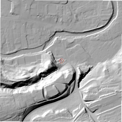 Shaded relief map of the ground around NE611YD, computed from Environment Agency LiDAR. The ground here sits at about 28 m above sea level and falls 39 m across the surrounding 800 m. Surface water reaching this point runs off ground lying to the west-south-west, 25.4 m higher.