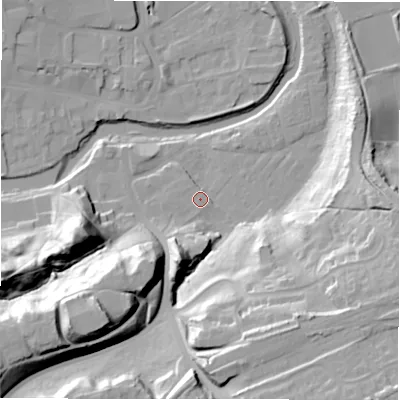 Shaded relief map of the ground around NE611YH, computed from Environment Agency LiDAR. The ground here sits at about 27 m above sea level and falls 39 m across the surrounding 800 m. Surface water reaching this point runs off ground lying to the south-east, 31.9 m higher.