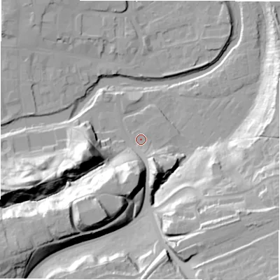 Shaded relief map of the ground around NE611YJ, computed from Environment Agency LiDAR. The ground here sits at about 27 m above sea level and falls 39 m across the surrounding 800 m. Surface water reaching this point runs off ground lying to the south-south-east, 2.7 m higher.