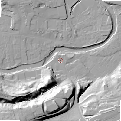 Shaded relief map of the ground around NE611YL, computed from Environment Agency LiDAR. The ground here sits at about 26 m above sea level and falls 39 m across the surrounding 800 m. Surface water reaching this point runs off ground lying to the south-south-west, 26.2 m higher.