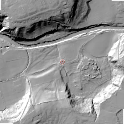 Shaded relief map of the ground around NE612YJ, computed from Environment Agency LiDAR. The ground here sits at about 32 m above sea level and falls 45 m across the surrounding 800 m. Surface water reaching this point runs off ground lying to the south-south-west, 34.7 m higher.