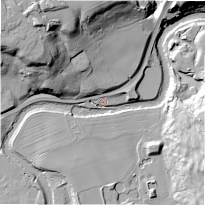 Shaded relief map of the ground around NE613AA, computed from Environment Agency LiDAR. The ground here sits at about 23 m above sea level and falls 48 m across the surrounding 800 m. Surface water reaching this point runs off ground lying to the north-north-east, 5.1 m higher.