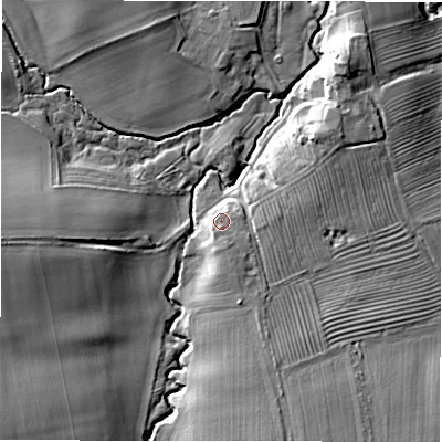 Shaded relief map of the ground around NE613DY, computed from Environment Agency LiDAR. The ground here sits at about 68 m above sea level and falls 20 m across the surrounding 800 m. Surface water reaching this point runs off ground lying to the south-south-east, 2.2 m higher.