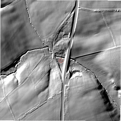 Shaded relief map of the ground around NE613EL, computed from Environment Agency LiDAR. The ground here sits at about 77 m above sea level and falls 24 m across the surrounding 800 m. Surface water reaching this point runs off ground lying to the south-south-west, 21.7 m higher.
