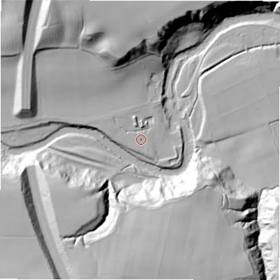 Shaded relief map of the ground around NE613FQ, computed from Environment Agency LiDAR. The ground here sits at about 35 m above sea level and falls 41 m across the surrounding 800 m. Surface water reaching this point runs off ground lying to the north-north-west, 4.2 m higher.