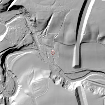 Shaded relief map of the ground around NE613PL, computed from Environment Agency LiDAR. The ground here sits at about 38 m above sea level and falls 39 m across the surrounding 800 m. Surface water reaching this point runs off ground lying to the north-north-east, 18.2 m higher.