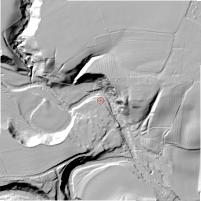 Shaded relief map of the ground around NE613PW, computed from Environment Agency LiDAR. The ground here sits at about 37 m above sea level and falls 37 m across the surrounding 800 m. Surface water reaching this point runs off ground lying to the south-west, 26.5 m higher.