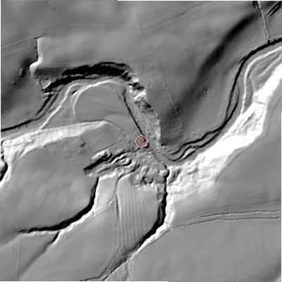 Shaded relief map of the ground around NE613QQ, computed from Environment Agency LiDAR. The ground here sits at about 58 m above sea level and falls 43 m across the surrounding 800 m. Surface water reaching this point runs off ground lying to the west-south-west, 37.2 m higher.