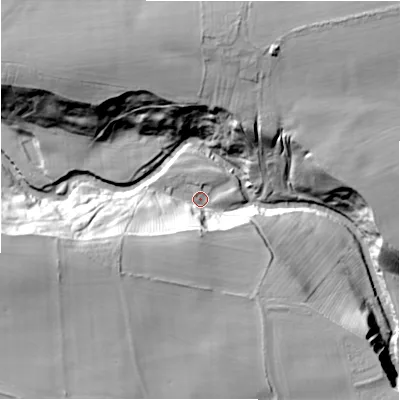 Shaded relief map of the ground around NE613QU, computed from Environment Agency LiDAR. The ground here sits at about 48 m above sea level and falls 34 m across the surrounding 800 m. Surface water reaching this point runs off ground lying to the south-west, 20.7 m higher.