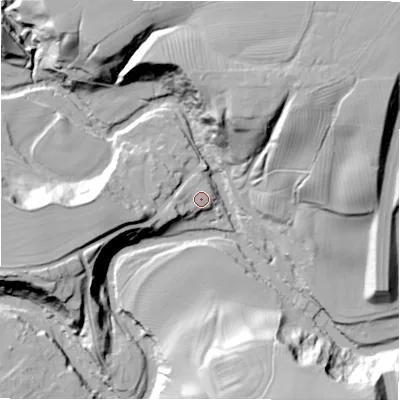 Shaded relief map of the ground around NE613QX, computed from Environment Agency LiDAR. The ground here sits at about 39 m above sea level and falls 38 m across the surrounding 800 m. Surface water reaching this point runs off ground lying to the west, 3.0 m higher.