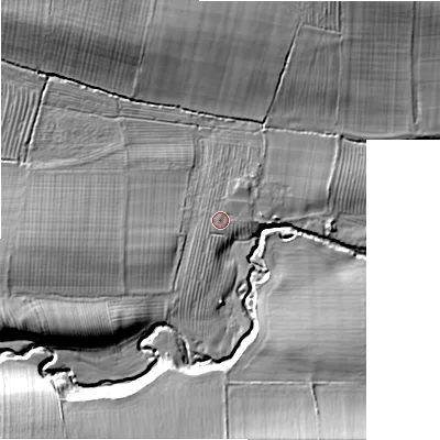 Shaded relief map of the ground around NE613XJ, computed from Environment Agency LiDAR. The ground here sits at about 76 m above sea level and falls 21 m across the surrounding 800 m. Surface water reaching this point runs off ground lying to the south-south-west, 1.3 m higher.
