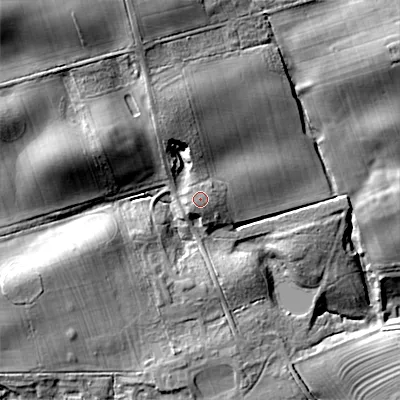 Shaded relief map of the ground around NE614AS, computed from Environment Agency LiDAR. The ground here sits at about 158 m above sea level and falls 42 m across the surrounding 800 m. Surface water reaching this point runs off ground lying to the south-east, 0.6 m higher.