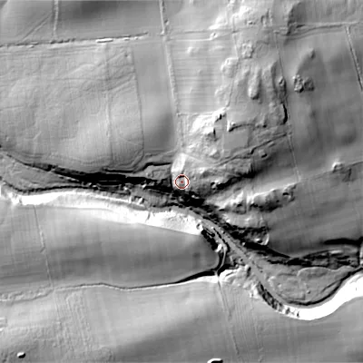 Shaded relief map of the ground around NE614ED, computed from Environment Agency LiDAR. The ground here sits at about 162 m above sea level and falls 37 m across the surrounding 800 m. Surface water reaching this point runs off ground lying to the north-east, 19.8 m higher.
