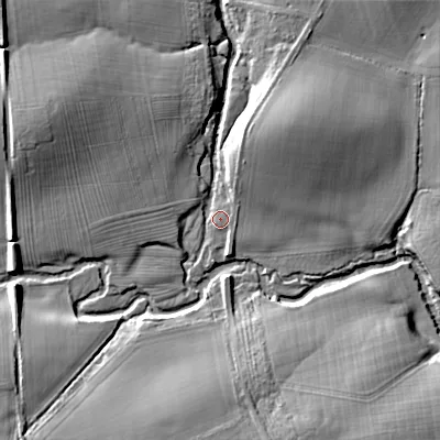 Shaded relief map of the ground around NE614EH, computed from Environment Agency LiDAR. The ground here sits at about 156 m above sea level and falls 21 m across the surrounding 800 m. Surface water reaching this point runs off ground lying to the north-west, 15.8 m higher.