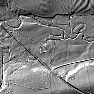 Shaded relief map of the ground around NE614EY, computed from Environment Agency LiDAR. The ground here sits at about 86 m above sea level and falls 21 m across the surrounding 800 m. Surface water reaching this point runs off ground lying to the east-north-east, 0.7 m higher.