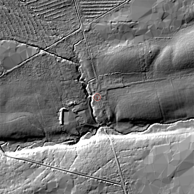 Shaded relief map of the ground around NE614LF, computed from Environment Agency LiDAR. The ground here sits at about 232 m above sea level and falls 28 m across the surrounding 800 m. Surface water reaching this point runs off ground lying to the north-west, 19.4 m higher.