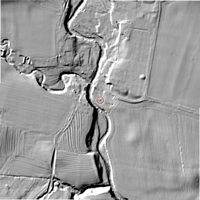 Shaded relief map of the ground around NE614NJ, computed from Environment Agency LiDAR. The ground here sits at about 94 m above sea level and falls 18 m across the surrounding 800 m. Surface water reaching this point runs off ground lying to the east, 3.6 m higher.