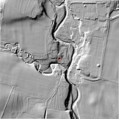 Shaded relief map of the ground around NE614NU, computed from Environment Agency LiDAR. The ground here sits at about 96 m above sea level and falls 21 m across the surrounding 800 m. Surface water reaching this point runs off ground lying to the north-west, 14.8 m higher.