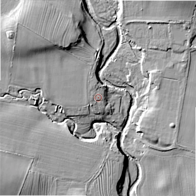 Shaded relief map of the ground around NE614NX, computed from Environment Agency LiDAR. The ground here sits at about 101 m above sea level and falls 24 m across the surrounding 800 m. Surface water reaching this point runs off ground lying to the north-north-west, 2.5 m higher.