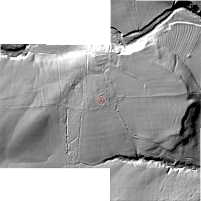 Shaded relief map of the ground around NE614NZ, computed from Environment Agency LiDAR. The ground here sits at about 135 m above sea level and falls 31 m across the surrounding 800 m. Surface water reaching this point runs off ground lying to the west, 1.3 m higher.