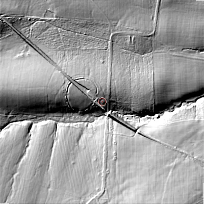 Shaded relief map of the ground around NE614PH, computed from Environment Agency LiDAR. The ground here sits at about 183 m above sea level and falls 41 m across the surrounding 800 m. Surface water reaching this point runs off ground lying to the north-west, 5.2 m higher.