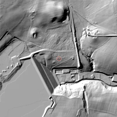 Shaded relief map of the ground around NE614PL, computed from Environment Agency LiDAR. The ground here sits at about 177 m above sea level and falls 60 m across the surrounding 800 m. Surface water reaching this point runs off ground lying to the west-north-west, 8.9 m higher.