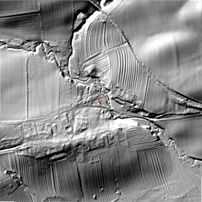 Shaded relief map of the ground around NE614RE, computed from Environment Agency LiDAR. The ground here sits at about 104 m above sea level and falls 37 m across the surrounding 800 m. Surface water reaching this point runs off ground lying to the west-south-west, 18.9 m higher.