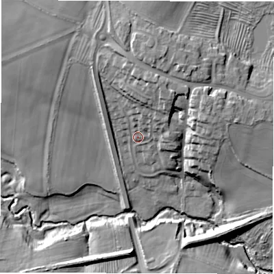 Shaded relief map of the ground around NE615BW, computed from Environment Agency LiDAR. The ground here sits at about 17 m above sea level and falls 23 m across the surrounding 800 m. Surface water reaching this point runs off ground lying to the north-north-east, 14.5 m higher.