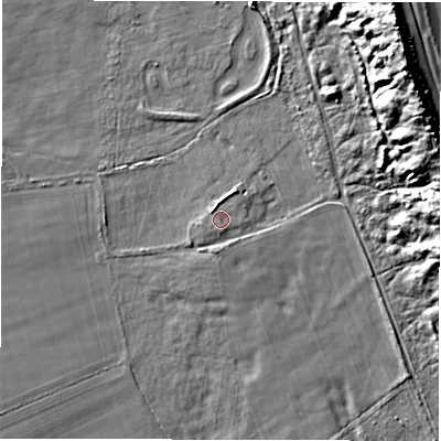 Shaded relief map of the ground around NE615EG, computed from Environment Agency LiDAR. The ground here sits at about 6 m above sea level and falls 15 m across the surrounding 800 m. Surface water reaching this point runs off ground lying to the south, 0.6 m higher.