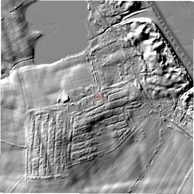 Shaded relief map of the ground around NE615EH, computed from Environment Agency LiDAR. The ground here sits at about 8 m above sea level and falls 19 m across the surrounding 800 m. Surface water reaching this point runs off ground lying to the south-west, 5.0 m higher.