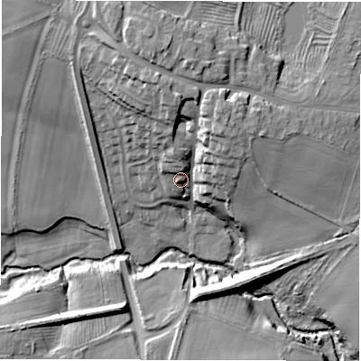 Shaded relief map of the ground around NE615JJ, computed from Environment Agency LiDAR. The ground here sits at about 19 m above sea level and falls 23 m across the surrounding 800 m. Surface water reaching this point runs off ground lying to the north, 13.6 m higher.
