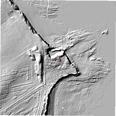 Shaded relief map of the ground around NE615LG, computed from Environment Agency LiDAR. The ground here sits at about 12 m above sea level and falls 27 m across the surrounding 800 m. Surface water reaching this point runs off ground lying to the west, 8.8 m higher.