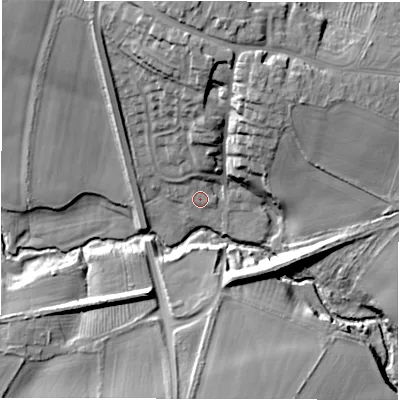 Shaded relief map of the ground around NE615PH, computed from Environment Agency LiDAR. The ground here sits at about 12 m above sea level and falls 23 m across the surrounding 800 m. Surface water reaching this point runs off ground lying to the north, 2.5 m higher.