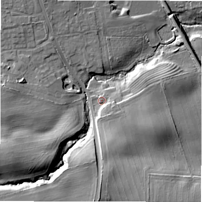 Shaded relief map of the ground around NE616DF, computed from Environment Agency LiDAR. The ground here sits at about 60 m above sea level and falls 25 m across the surrounding 800 m. Surface water reaching this point runs off ground lying to the south-south-east, 5.8 m higher.