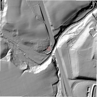Shaded relief map of the ground around NE616EX, computed from Environment Agency LiDAR. The ground here sits at about 39 m above sea level and falls 45 m across the surrounding 800 m. Surface water reaching this point runs off ground lying to the north, 12.7 m higher.