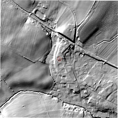 Shaded relief map of the ground around NE616HT, computed from Environment Agency LiDAR. The ground here sits at about 46 m above sea level and falls 18 m across the surrounding 800 m. Surface water reaching this point runs off ground lying to the north, 1.6 m higher.