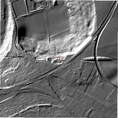 Shaded relief map of the ground around NE616JD, computed from Environment Agency LiDAR. The ground here sits at about 50 m above sea level and falls 38 m across the surrounding 800 m. Surface water reaching this point runs off ground lying to the east, 11.3 m higher.