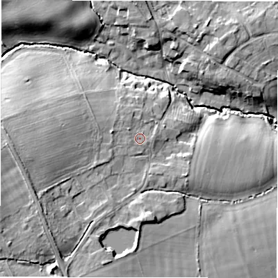 Shaded relief map of the ground around NE616LH, computed from Environment Agency LiDAR. The ground here sits at about 44 m above sea level and falls 19 m across the surrounding 800 m. Surface water reaching this point runs off ground lying to the west, 5.6 m higher.