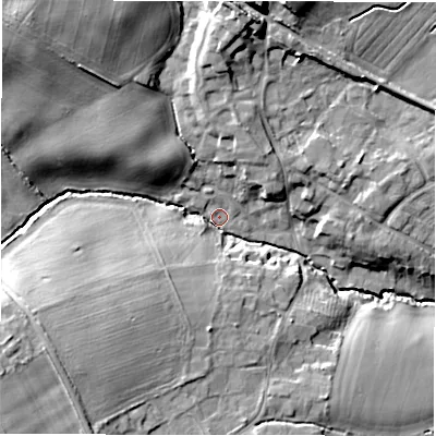 Shaded relief map of the ground around NE616LJ, computed from Environment Agency LiDAR. The ground here sits at about 38 m above sea level and falls 19 m across the surrounding 800 m. Surface water reaching this point runs off ground lying to the north-west, 16.0 m higher.