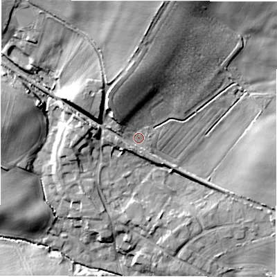 Shaded relief map of the ground around NE616LW, computed from Environment Agency LiDAR. The ground here sits at about 43 m above sea level and falls 17 m across the surrounding 800 m. Surface water reaching this point runs off ground lying to the north-north-west, 9.7 m higher.