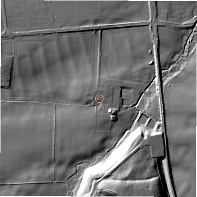 Shaded relief map of the ground around NE616PY, computed from Environment Agency LiDAR. The ground here sits at about 21 m above sea level and falls 23 m across the surrounding 800 m. Surface water reaching this point runs off ground lying to the north-north-east, 2.2 m higher.