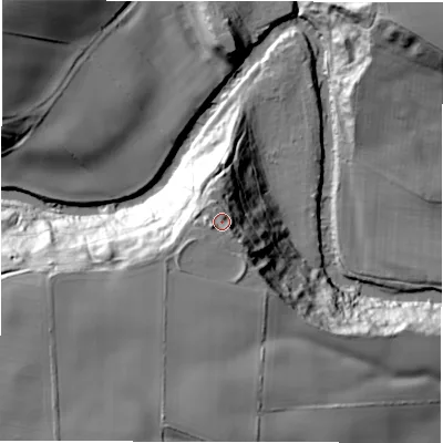 Shaded relief map of the ground around NE616SN, computed from Environment Agency LiDAR. The ground here sits at about 41 m above sea level and falls 41 m across the surrounding 800 m. Surface water reaching this point runs off ground lying to the west-south-west, 6.8 m higher.