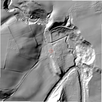 Shaded relief map of the ground around NE616SW, computed from Environment Agency LiDAR. The ground here sits at about 12 m above sea level and falls 41 m across the surrounding 800 m. Surface water reaching this point runs off ground lying to the east-south-east, 2.3 m higher.