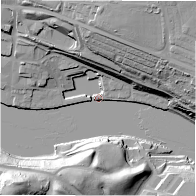 Shaded relief map of the ground around NE61HX, computed from Environment Agency LiDAR. The ground here sits at about 5 m above sea level and falls 51 m across the surrounding 800 m. Surface water reaching this point runs off ground lying to the north-north-east, 50.6 m higher.