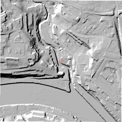 Shaded relief map of the ground around NE61LX, computed from Environment Agency LiDAR. The ground here sits at about 5 m above sea level and falls 44 m across the surrounding 800 m. Surface water reaching this point runs off ground lying to the north-east, 42.3 m higher.