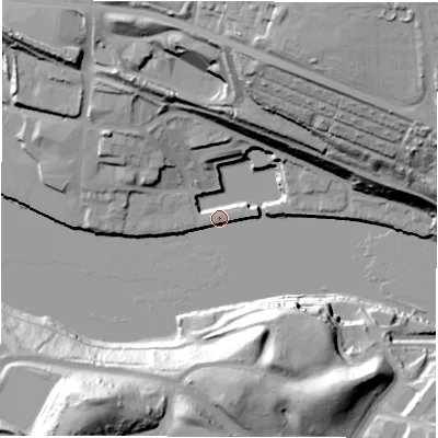 Shaded relief map of the ground around NE61UQ, computed from Environment Agency LiDAR. The ground here sits at about 5 m above sea level and falls 51 m across the surrounding 800 m. Surface water reaching this point runs off ground lying to the north-west, 16.6 m higher.