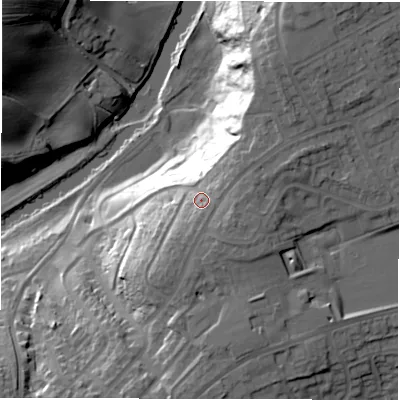 Shaded relief map of the ground around NE625ED, computed from Environment Agency LiDAR. The ground here sits at about 30 m above sea level and falls 32 m across the surrounding 800 m. Surface water reaching this point runs off ground lying to the east-south-east, 5.9 m higher.